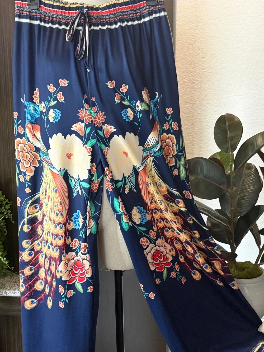 Navy Peacock-Print Curtain Panel with Floral Accents